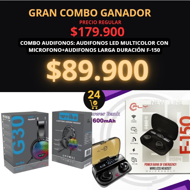 COMBO AUDIFONOS: AUDIFONOS LED MULTICOLOR CON MICROFONO+AUDIFONOS LARGA DURACIÓN F-150