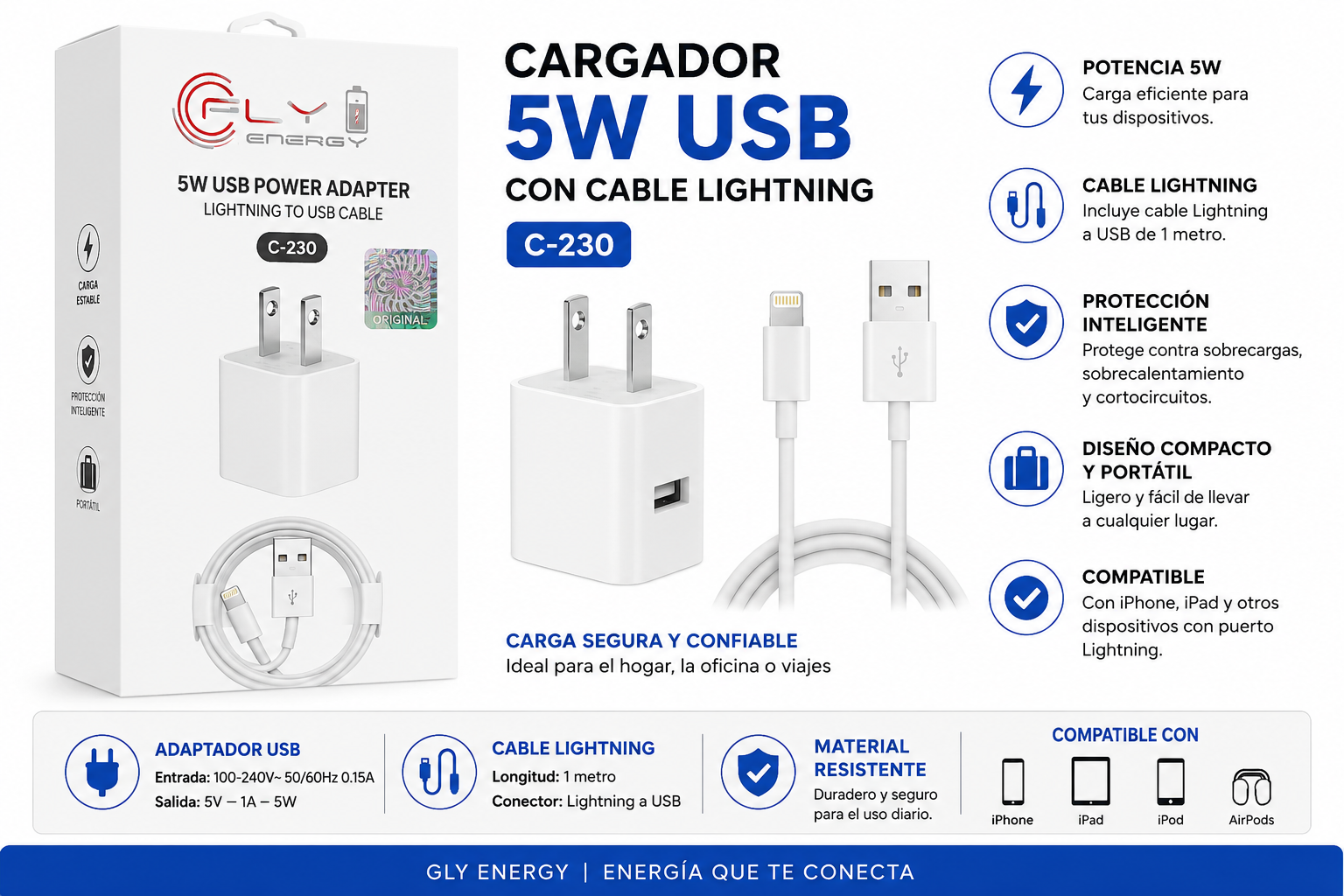 CARGADOR FLY ENERGY C-230 5W CON CABLE LIGHTNING