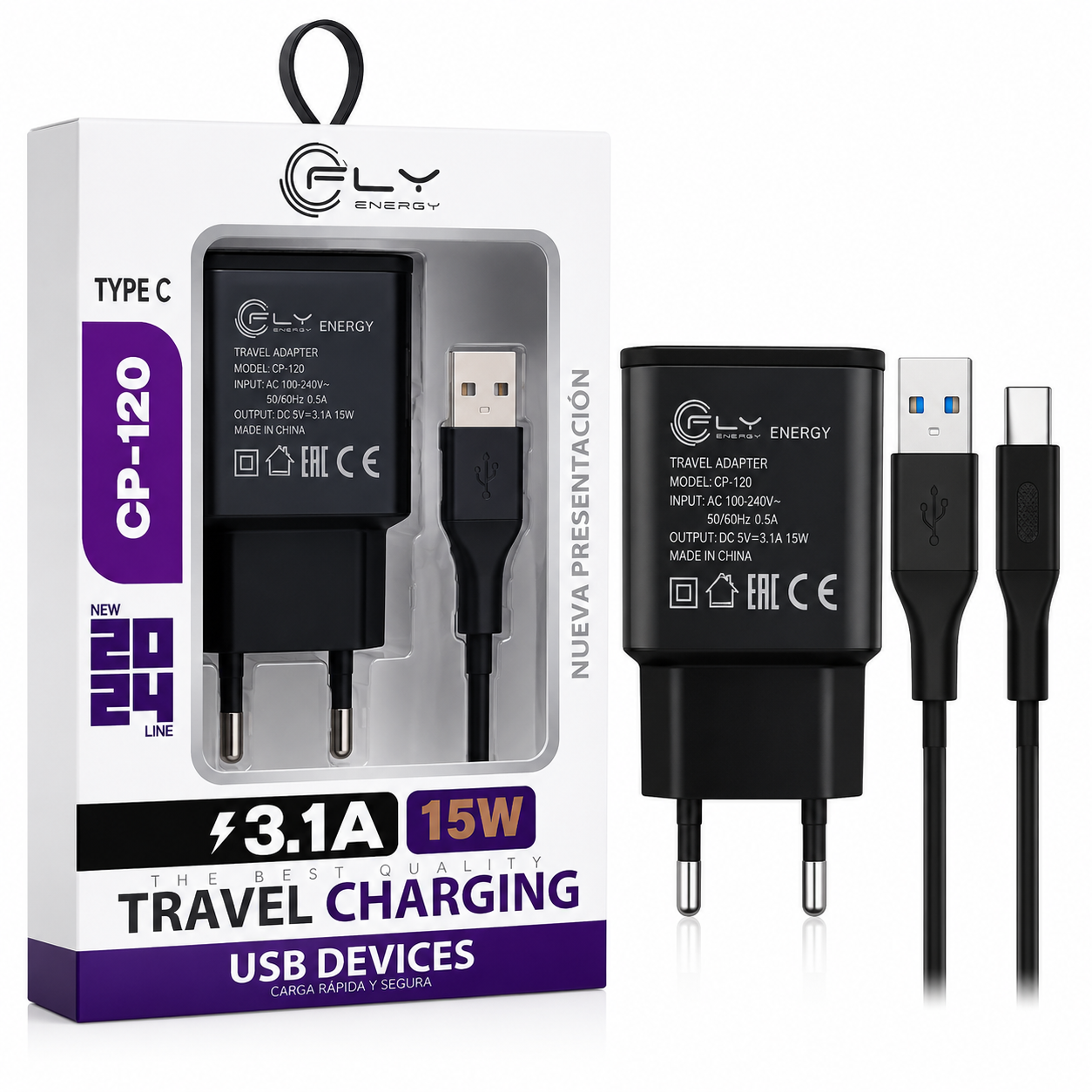 CARGADOR DE PARED TIPO C CP-120 3.1A 15W CON CABLE TYPE-C