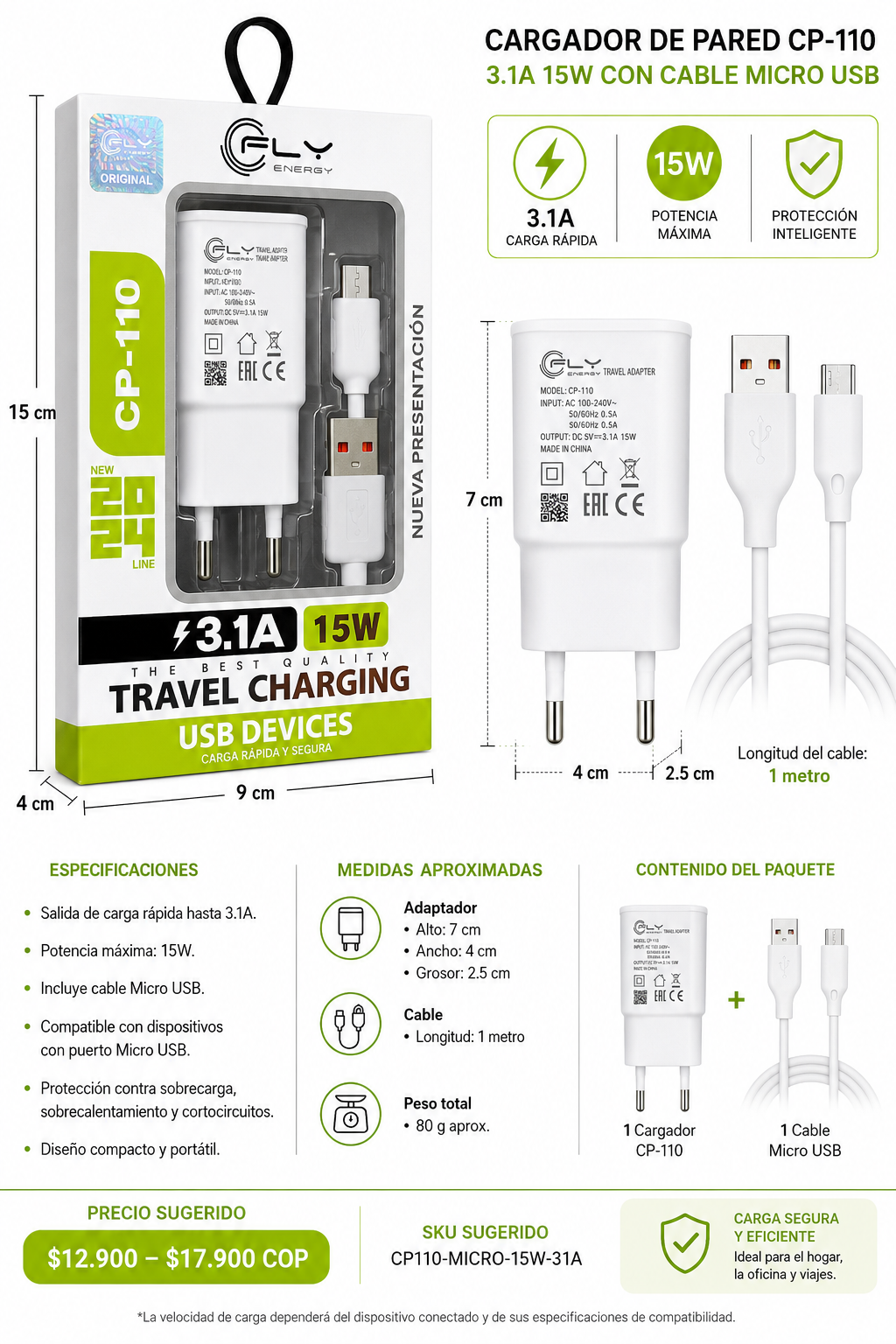 CARGADOR DE PARED CP-110 3.1A 15W CON CABLE MICRO USB