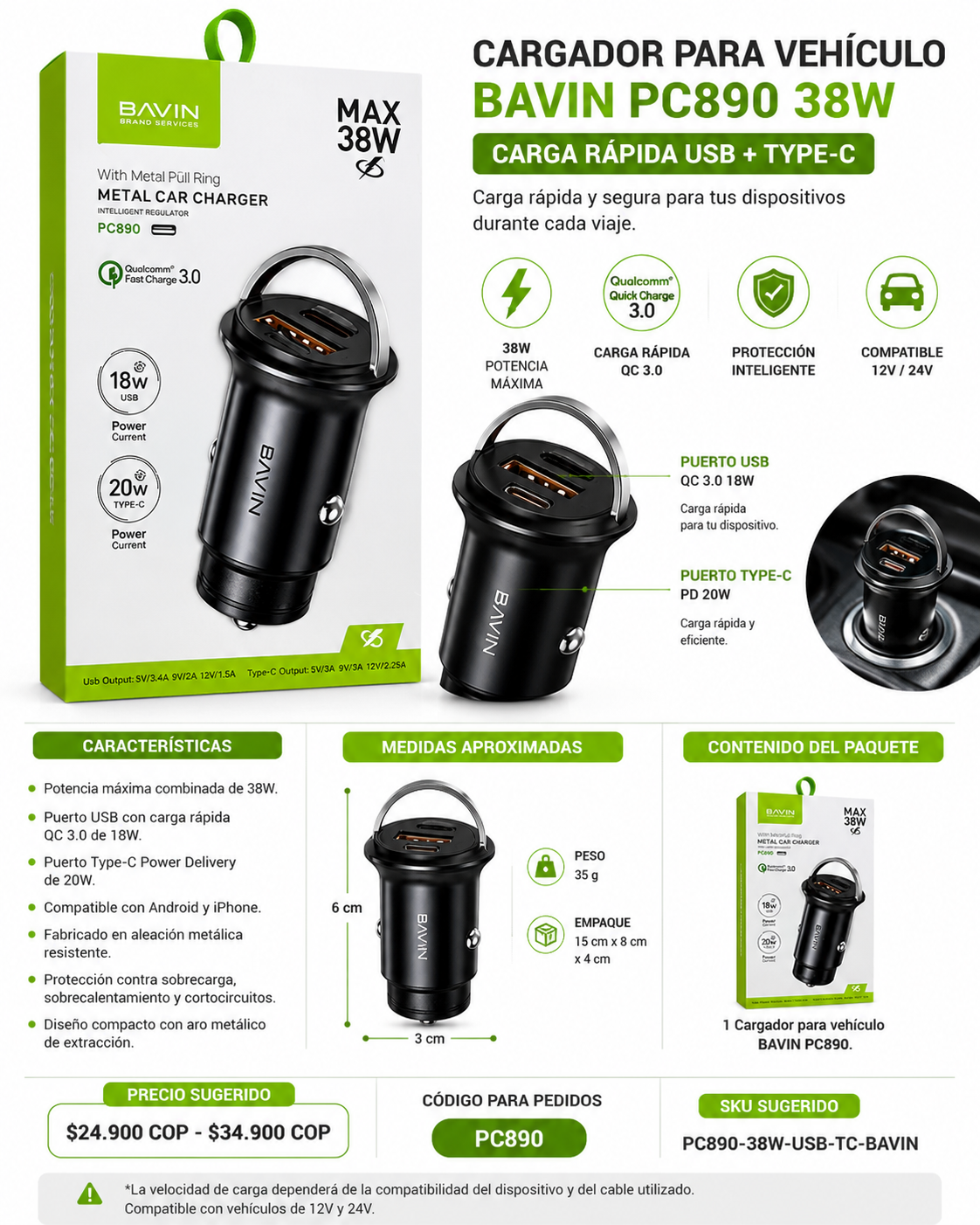 CARGADOR PARA VEHÍCULO BAVIN PC890 38W CARGA RÁPIDA USB + TYPE-C