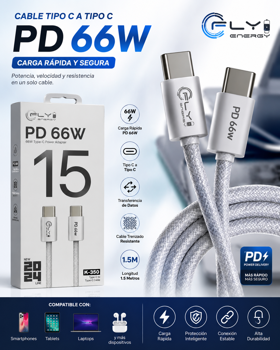 CABLE USB TIPO C A TIPO C PD 66W – 1.5 METROS