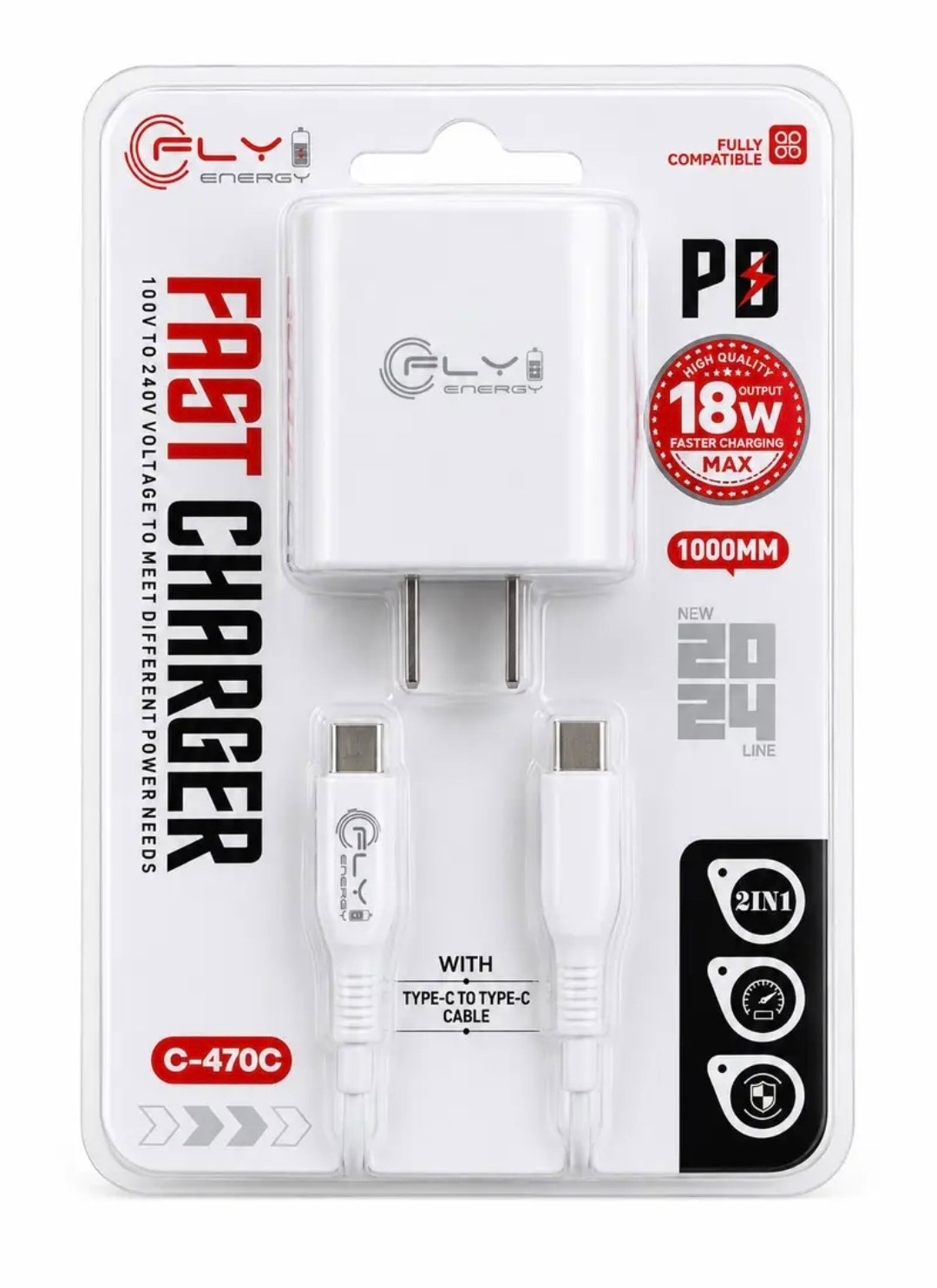 CARGADOR DE PARED FLY ENERGY PD 18W CON CABLE TIPO C A TIPO C C-470C