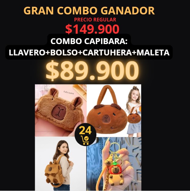COMBO CAPIBARA: LLAVERO+BOLSO+CARTUHERA+MALETA