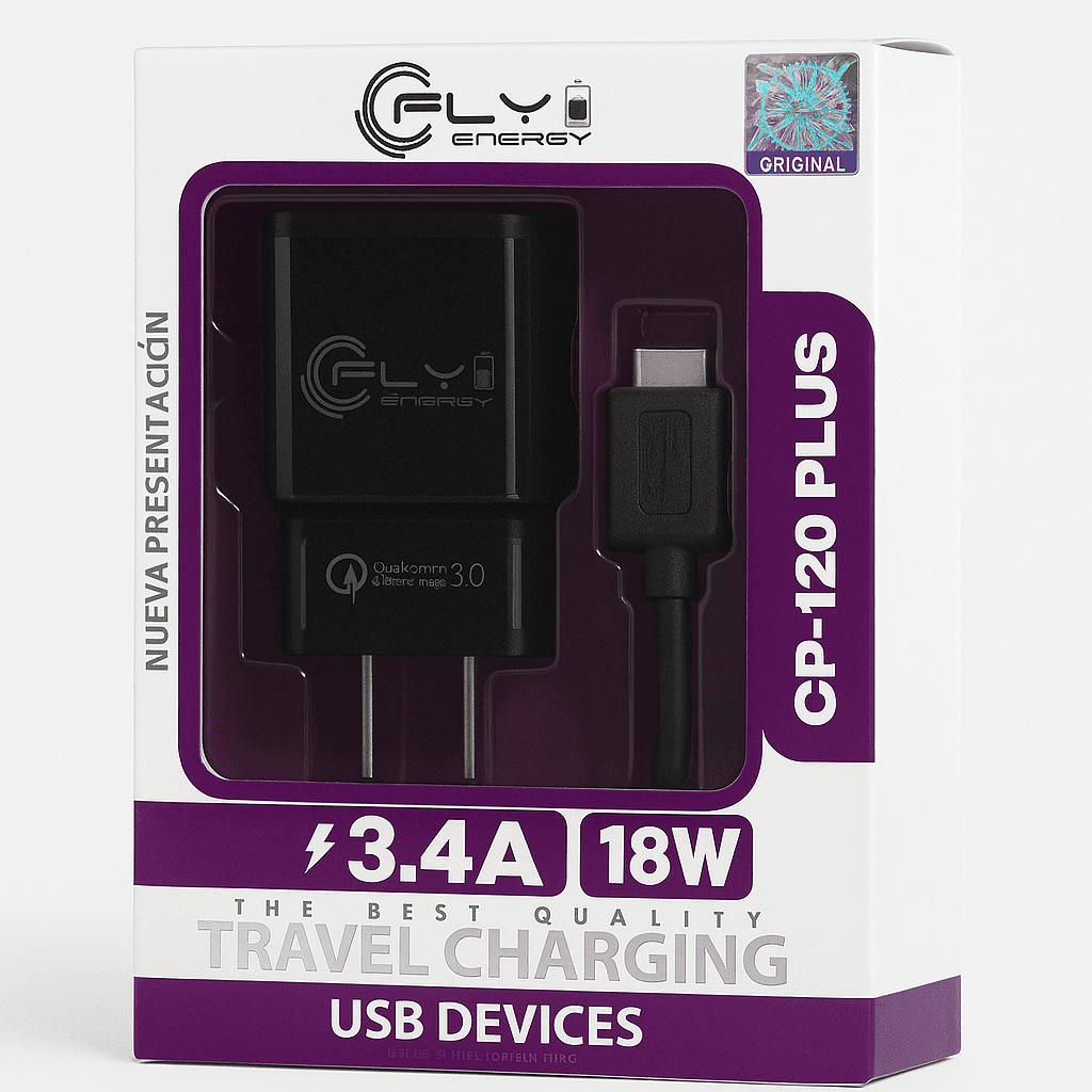 CARGADOR DE VIAJE CON CABLE USB A TIPO-C 18W  -   CP-120 PLUS