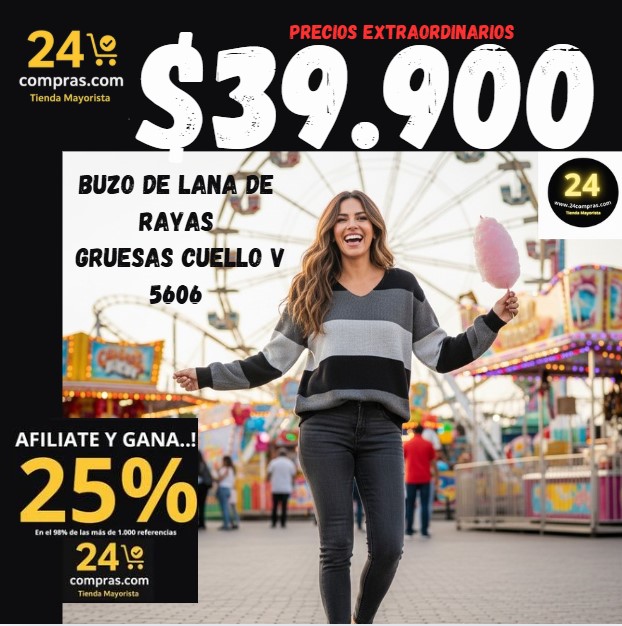 BUZO DE LANA DE  RAYAS GRUESAS CUELLO V -5606 - Imagen 1